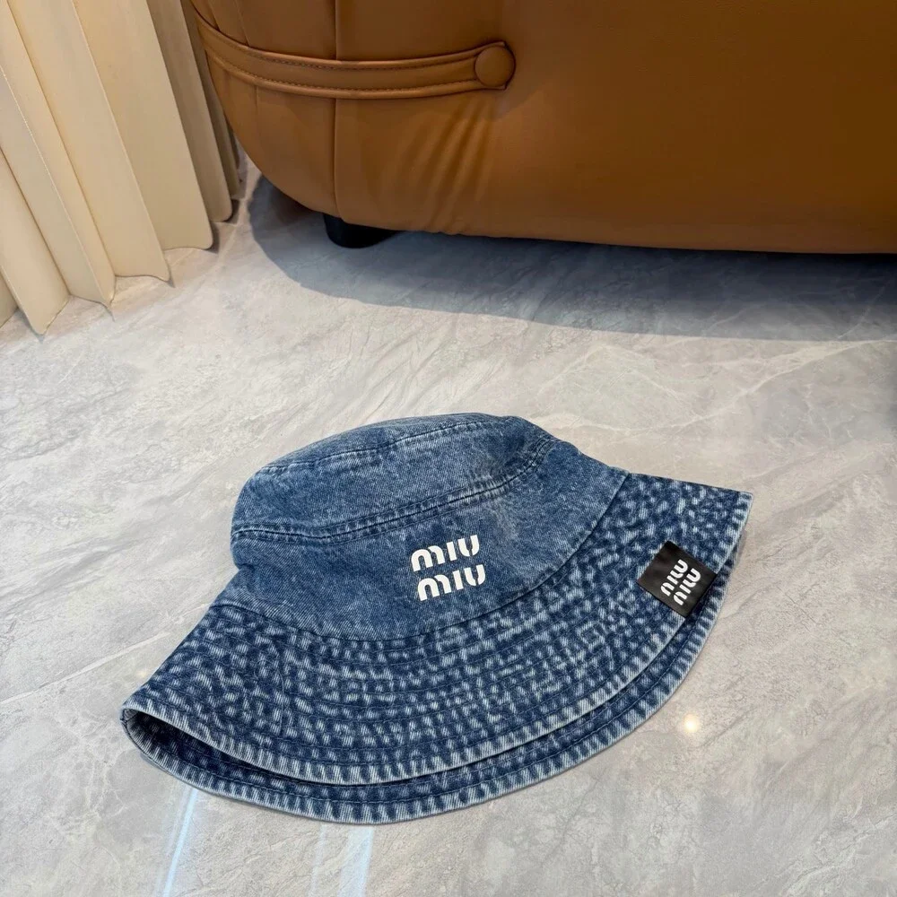 Miu Miu Washed Blue Denim White Logo Bucket Hat